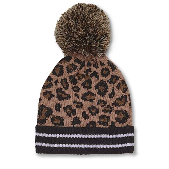 New! Steve Madden Women's Leopard Print Cuffed Pompom Beanie Knit Winter Hat - Picture 1 of 5